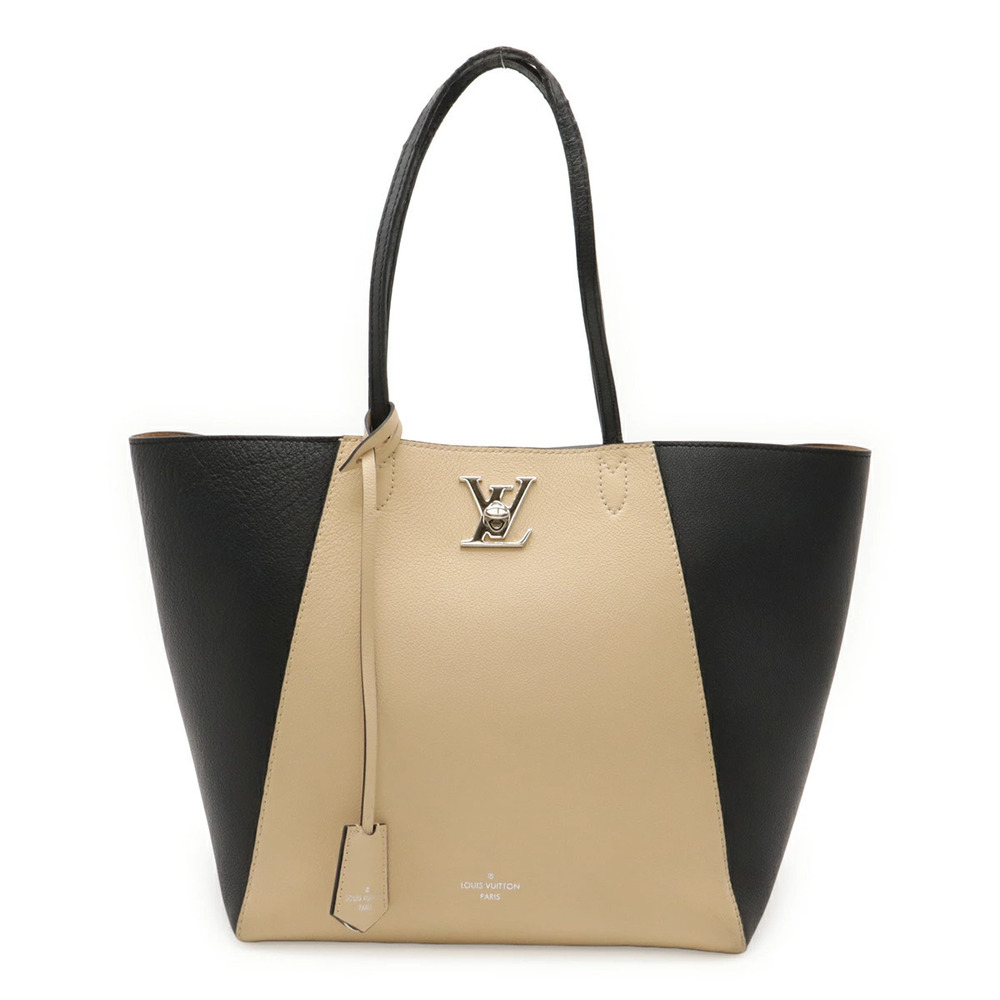 LOUIS VUITTON Lockme Cabas Tote Bag Shoulder Twist Lock Cream Black